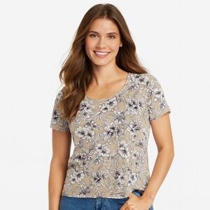 Hibiscus Print Top, Tan, Cream & Brown, Size L